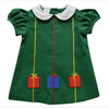 Green Corduroy Presents Applique Puffy Short Sleeve A-Line Dress