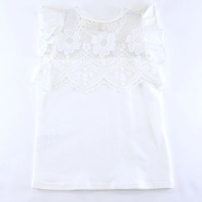 White Floral Lace Mesh Insert Flutter Sleeve Top