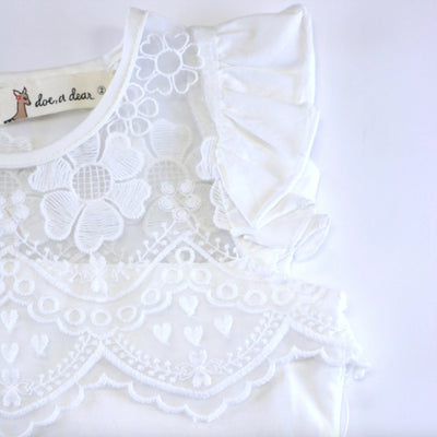 White Floral Lace Mesh Insert Flutter Sleeve Top