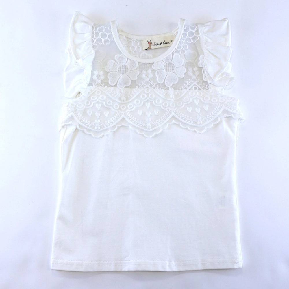 White Floral Lace Mesh Insert Flutter Sleeve Top