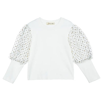 Girls White Jersey Top with Dotted Mesh Puff Sleeves