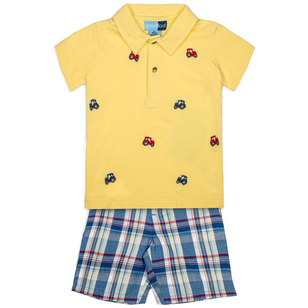 Toddler Boys Tractor Embroidered Shirt and Plaid Shorts Set