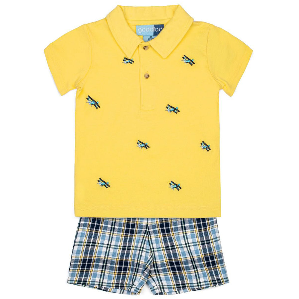 Toddler Boys Airplane Embroidered Shirt and Plaid Shorts Set