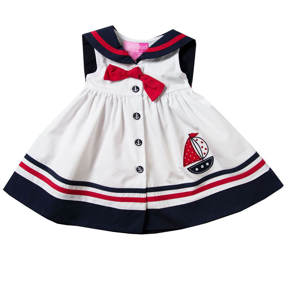 White Sailor Nautical Dress with Sailboat Applique