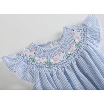 Blue Seersucker Bunny Smocked Flutter Romper