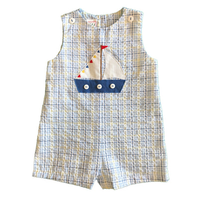 Baby Boys Plaid Seersucker Sailboat Shortall